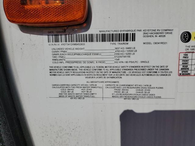 4YDT3412XMB452833 - 2021 KEYSTONE OUTBACK WHITE photo 10