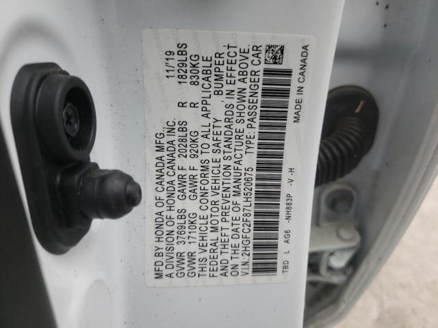 2HGFC2F87LH520675 - 2020 HONDA CIVIC SPOR WHITE photo 10