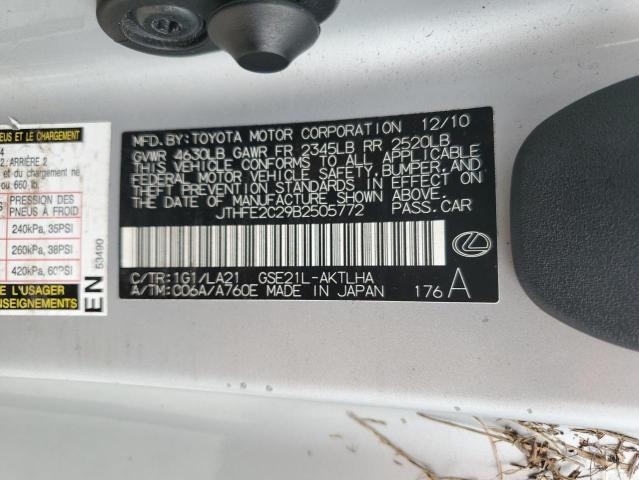 JTHFE2C29B2505772 - 2011 LEXUS IS 350 SILVER photo 10