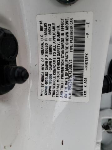 19XZE4F97KE008774 - 2019 HONDA INSIGHT TO WHITE photo 10