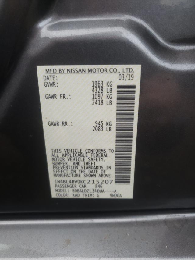 1N4BL4BV0KC215207 - 2019 NISSAN ALTIMA S GRAY photo 10