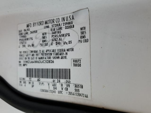 1FMZU64W63UC52826 - 2003 FORD EXPLORER E WHITE photo 10