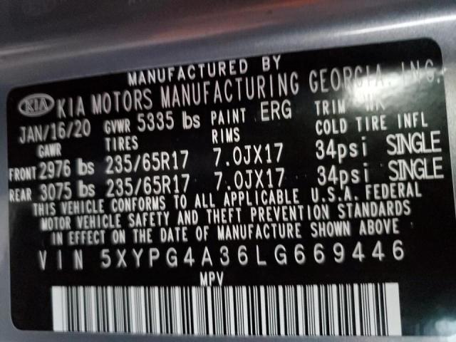 5XYPG4A36LG669446 - 2020 KIA SORENTO L GRAY photo 10