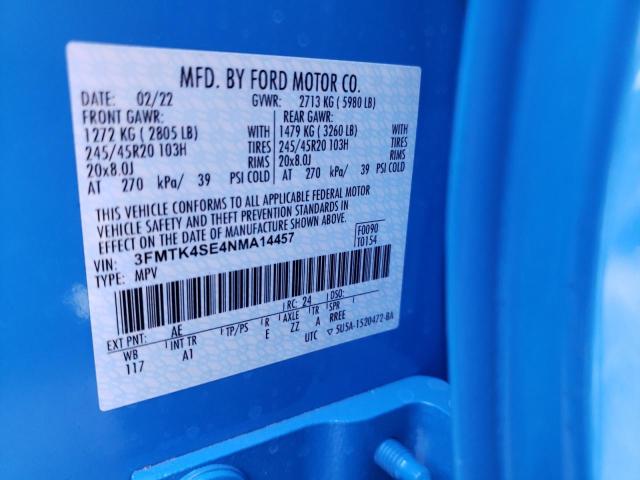 3FMTK4SE4NMA14457 - 2022 FORD MUSTANG MA BLUE photo 10