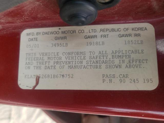 KLATA52681B676752 - 2001 DAEWOO LANOS S Burdeos foto 10