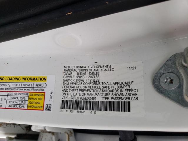 19XFL1H88NE005494 - 2022 HONDA CIVIC SPOR 白色 照片 10