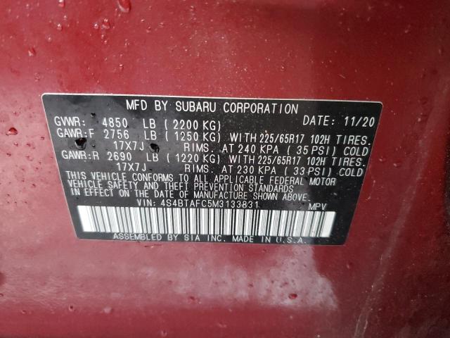 4S4BTAFC5M3133831 - 2021 SUBARU OUTBACK PR RED photo 10