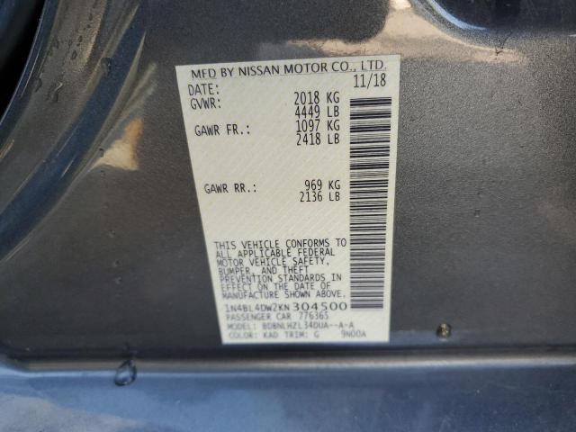 1N4BL4DW2KN304500 - 2019 NISSAN ALTIMA SV GRAY photo 10