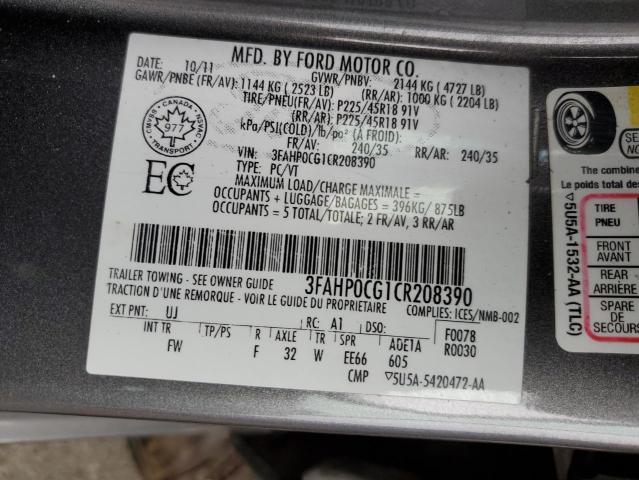 3FAHP0CG1CR208390 - 2012 FORD FUSION SEL GRAY photo 10