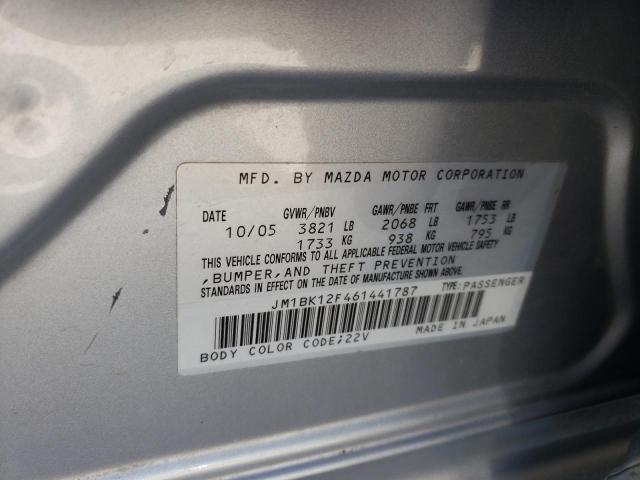 JM1BK12F461441787 - 2006 MAZDA 3 I SILVER photo 10