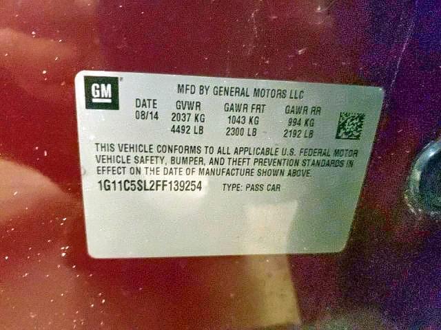 1G11C5SL2FF139254 - 2015 CHEVROLET MALIBU 1LT ბურგუნდია ფოტო 10
