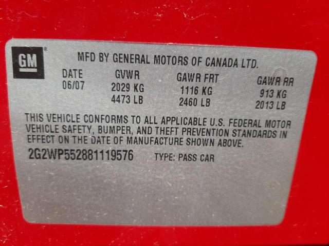 2G2WP552881119576 - 2008 PONTIAC GRAND PRIX წითელი ფოტო 10