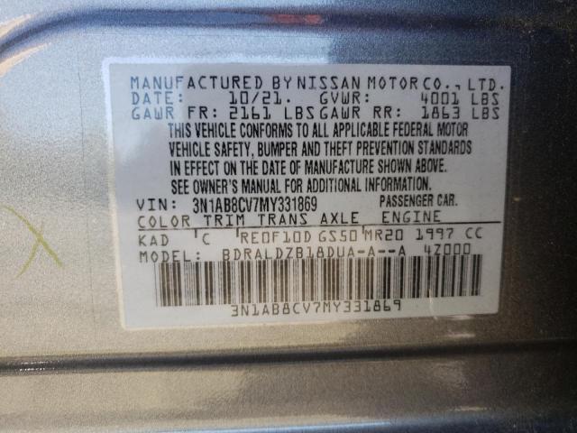 3N1AB8CV7MY331869 - 2021 NISSAN SENTRA SV GRAY photo 10