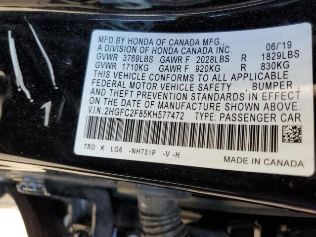 2HGFC2F85KH577472 - 2019 HONDA CIVIC SPOR BLACK photo 10
