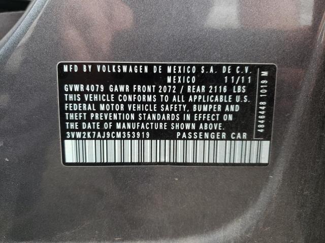 3VW2K7AJ9CM353919 - 2012 VOLKSWAGEN JETTA BASE GRAY photo 10