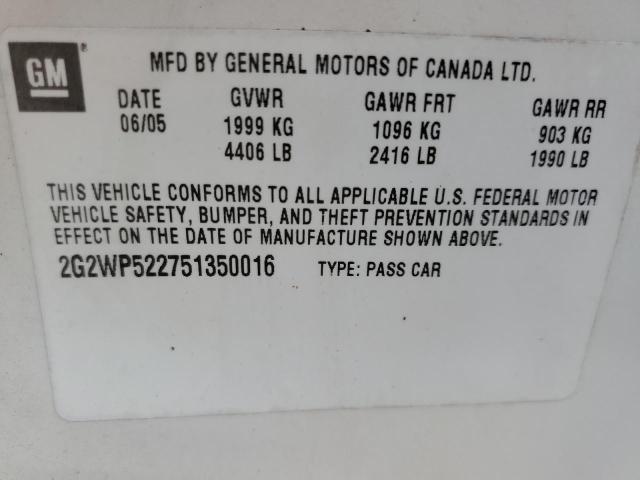 2G2WP522751350016 - 2005 PONTIAC GRAND PRIX თეთრი ფოტო 10