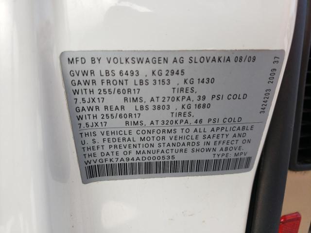 WVGFK7A94AD000535 - 2010 VOLKSWAGEN TOUAREG TD WHITE photo 10