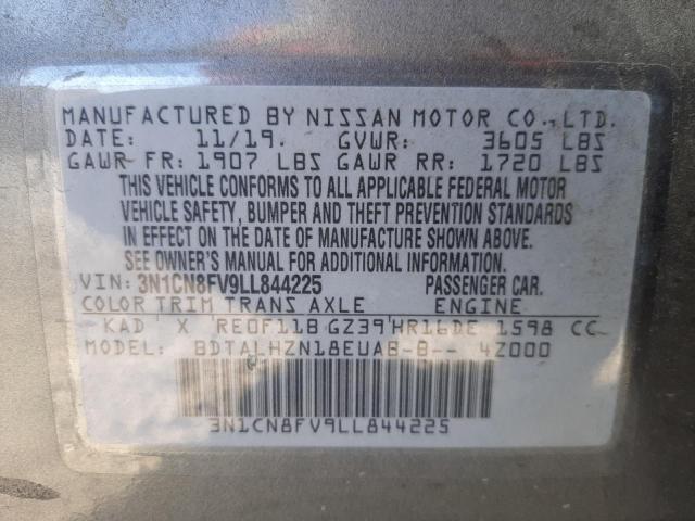 3N1CN8FV9LL844225 - 2020 NISSAN VERSA SR GRAY photo 10