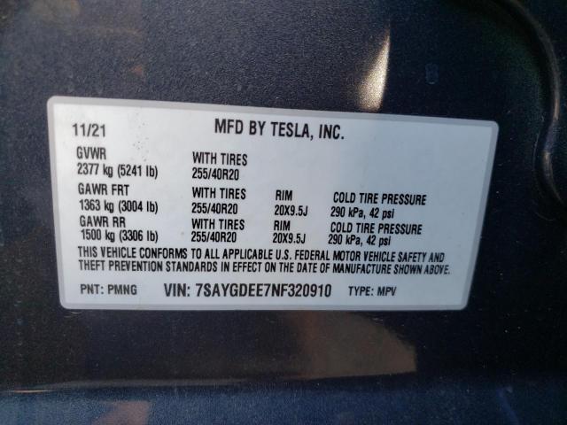 7SAYGDEE7NF320910 - 2022 TESLA MODEL Y رمادي صورة 10