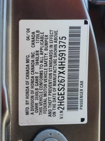 2HGES267X4H591375 - 2004 HONDA CIVIC EX ნაცრისფერი ფოტო 10