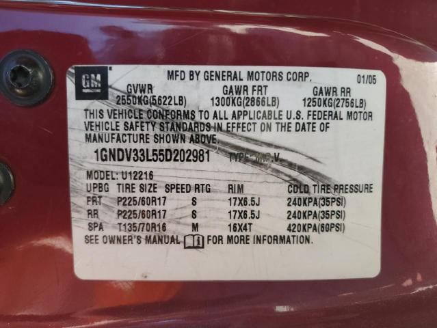 1GNDV33L55D202981 - 2005 CHEVROLET UPLANDER L ბურგუნდია ფოტო 10