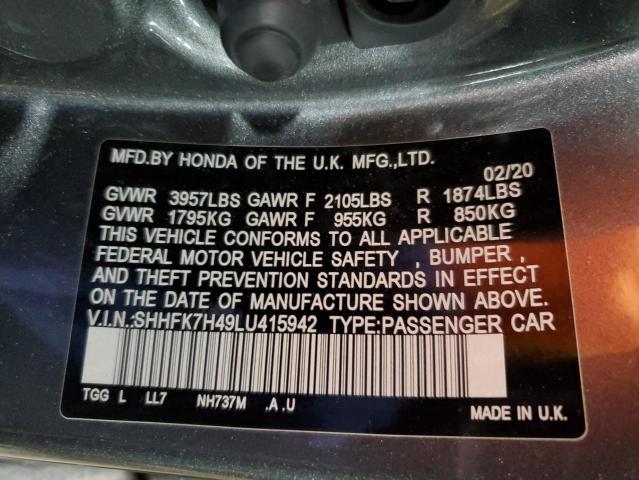 SHHFK7H49LU415942 - 2020 HONDA CIVIC SPOR CHARCOAL photo 10