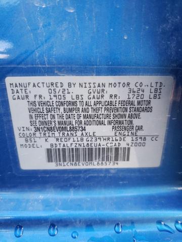 3N1CN8EV0ML885734 - 2021 NISSAN VERSA SV BLUE photo 12