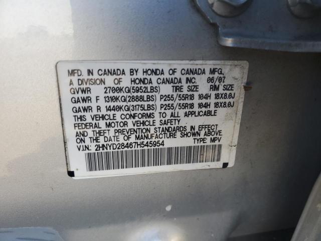 2HNYD28467H545954 - 2007 ACURA MDX TECHNO SILVER photo 10