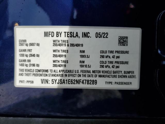 5YJSA1E62NF478289 - 2022 TESLA MODEL S ლურჯი ფოტო 10