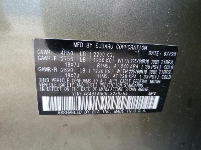 4S4BTANC5L3236554 - 2020 SUBARU OUTBACK LI GRAY photo 10