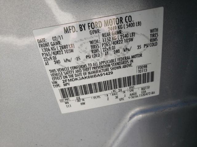 2FMDK3AK6BBA91429 - 2011 FORD EDGE SPORT SILVER photo 10