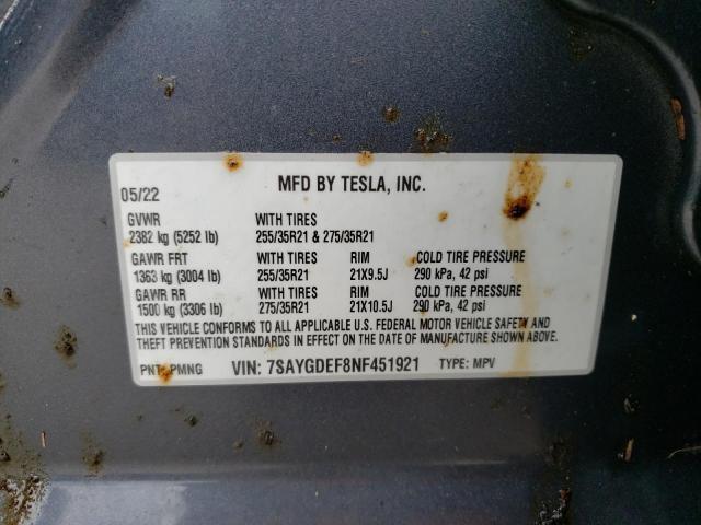 7SAYGDEF8NF451921 - 2022 TESLA MODEL Y رمادي صورة 10