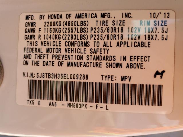 5J8TB3H35EL009288 - 2014 ACURA RDX WHITE photo 10