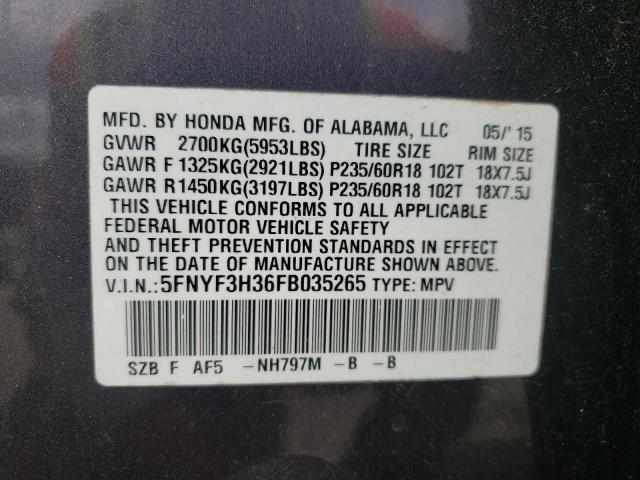 5FNYF3H36FB035265 - 2015 HONDA PILOT SE GRAY photo 10