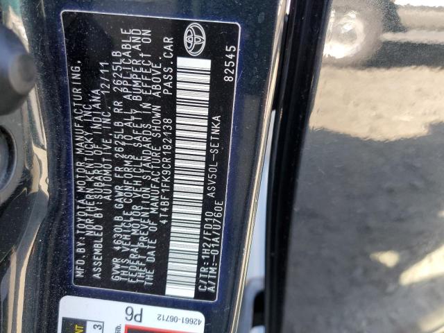 4T4BF1FK9CR182138 - 2012 TOYOTA CAMRY LE A Қара фото 10