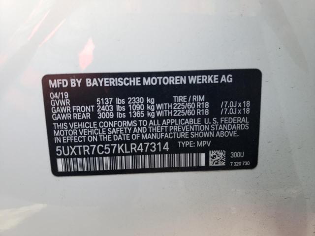 5UXTR7C57KLR47314 - 2019 BMW X3 SDRIVE3 WHITE photo 10