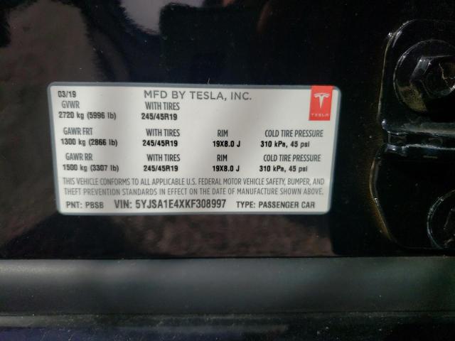 5YJSA1E4XKF308997 - 2019 TESLA MODEL S Սև լուսանկար 10