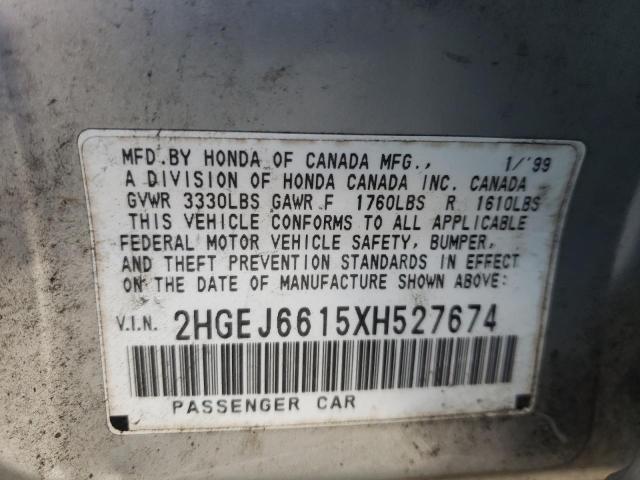 2HGEJ6615XH527674 - 1999 HONDA CIVIC BASE 银色 照片 10