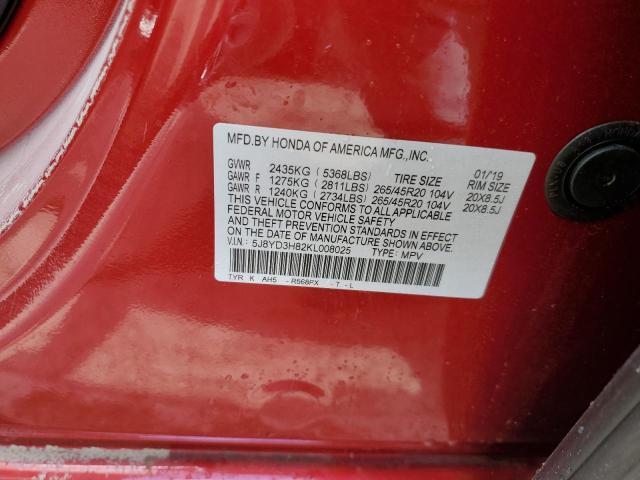 5J8YD3H82KL008025 - 2019 ACURA MDX ADVANC RED photo 10