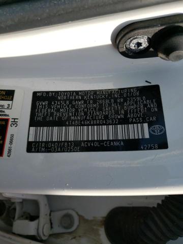 4T4BE46K88R043632 - 2008 TOYOTA CAMRY CE WHITE photo 10