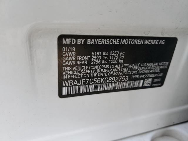 WBAJE7C56KG892753 - 2019 BMW 540 XI WHITE photo 10