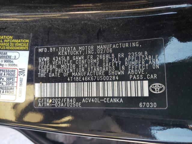 4T1BE46K67U500284 - 2007 TOYOTA CAMRY CE BLACK photo 10