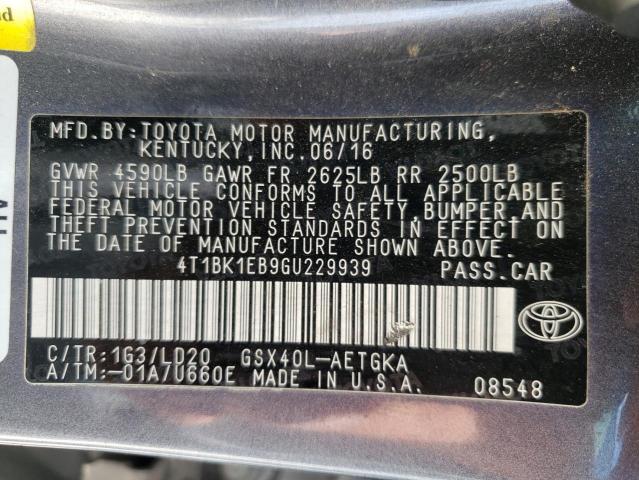 4T1BK1EB9GU229939 - 2016 TOYOTA AVALON XLE GRAY photo 10