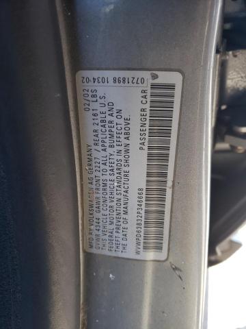 WVWPD63B32P346668 - 2002 VOLKSWAGEN PASSAT GLS GRAY photo 10