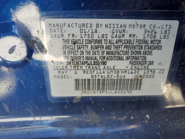 3N1CN7AP5JL855190 - 2018 NISSAN VERSA BLUE photo 10