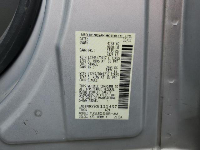 1N6BF0KY2CN111437 - 2012 NISSAN NV 1500 SILVER photo 10