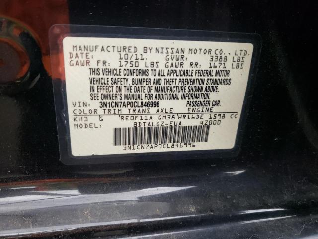 3N1CN7AP0CL846996 - 2012 NISSAN VERSA S BLACK photo 10