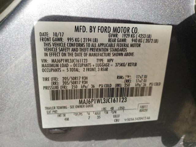 MAJ6P1WL3JC161123 - 2018 FORD ECOSPORT T GRAY photo 10