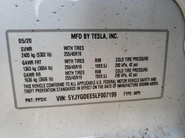 5YJYGDEE5LF007199 - 2020 TESLA MODEL Y Белый фото 10