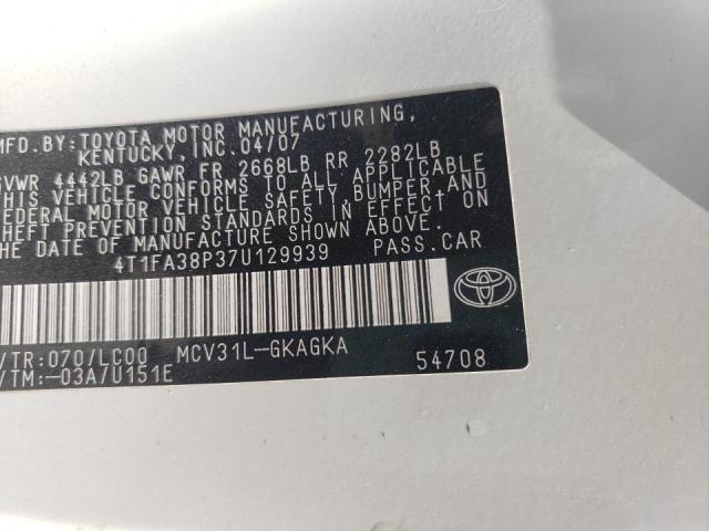 4T1FA38P37U129939 - 2007 TOYOTA CAMRY SOLA WHITE photo 10